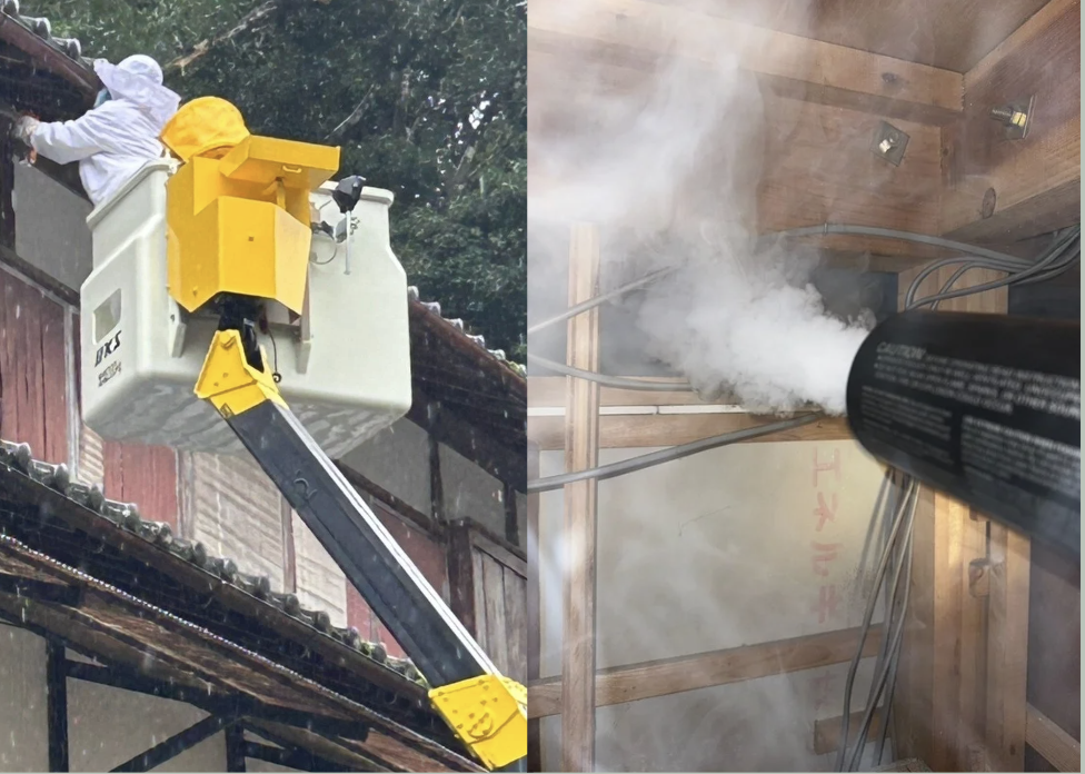 高所作業車による追い出し作業の写真